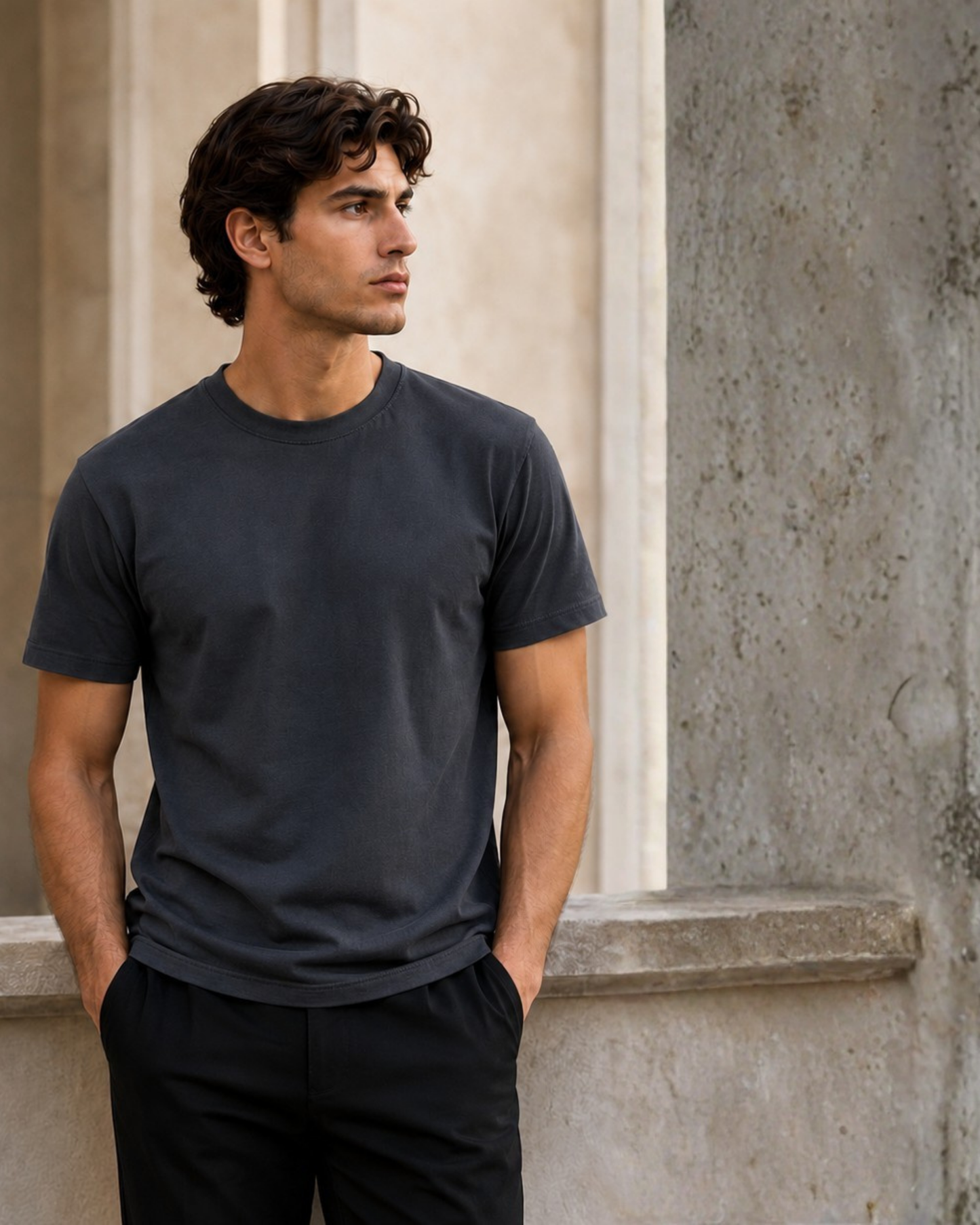 T-shirt Girocollo da Uomo in Cotone Premium - Grigio Antracite Scuro