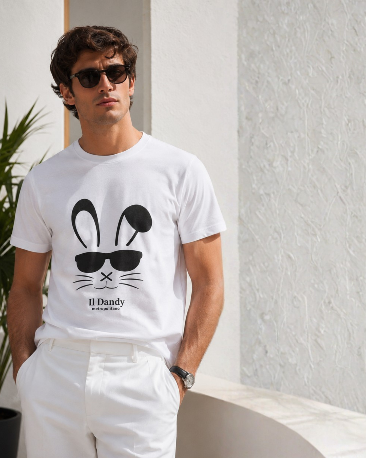 T-shirt Uomo Bianca "Il Dandy Metropolitano" - Grafica Coniglio con Occhiali Nera