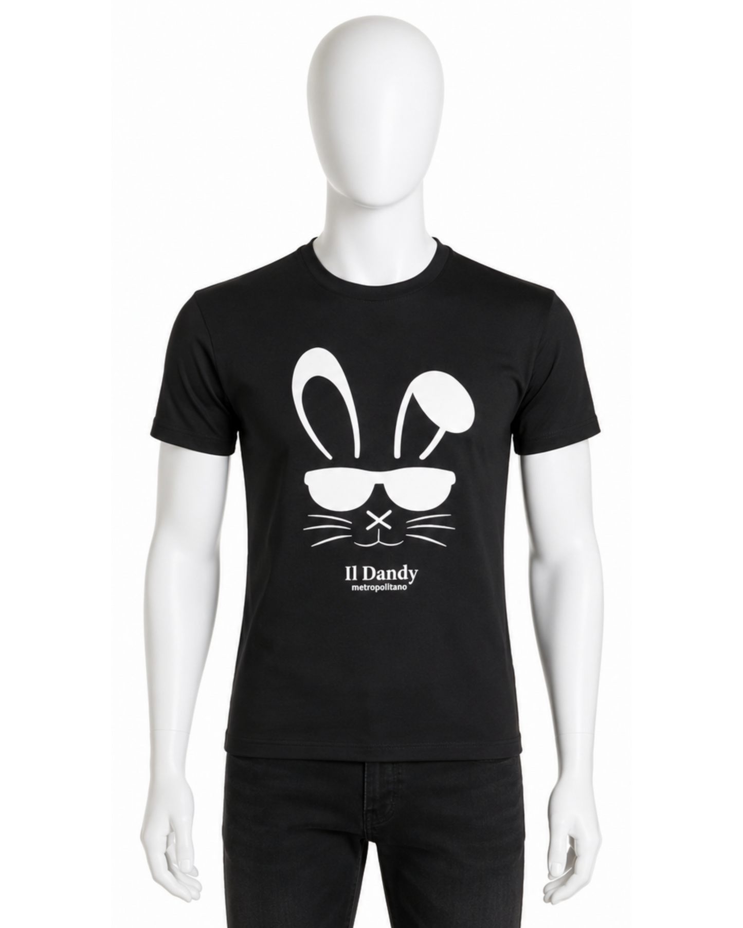 T-shirt Uomo Nera "Il Dandy Metropolitano" - Grafica Coniglio con Occhiali Bianca