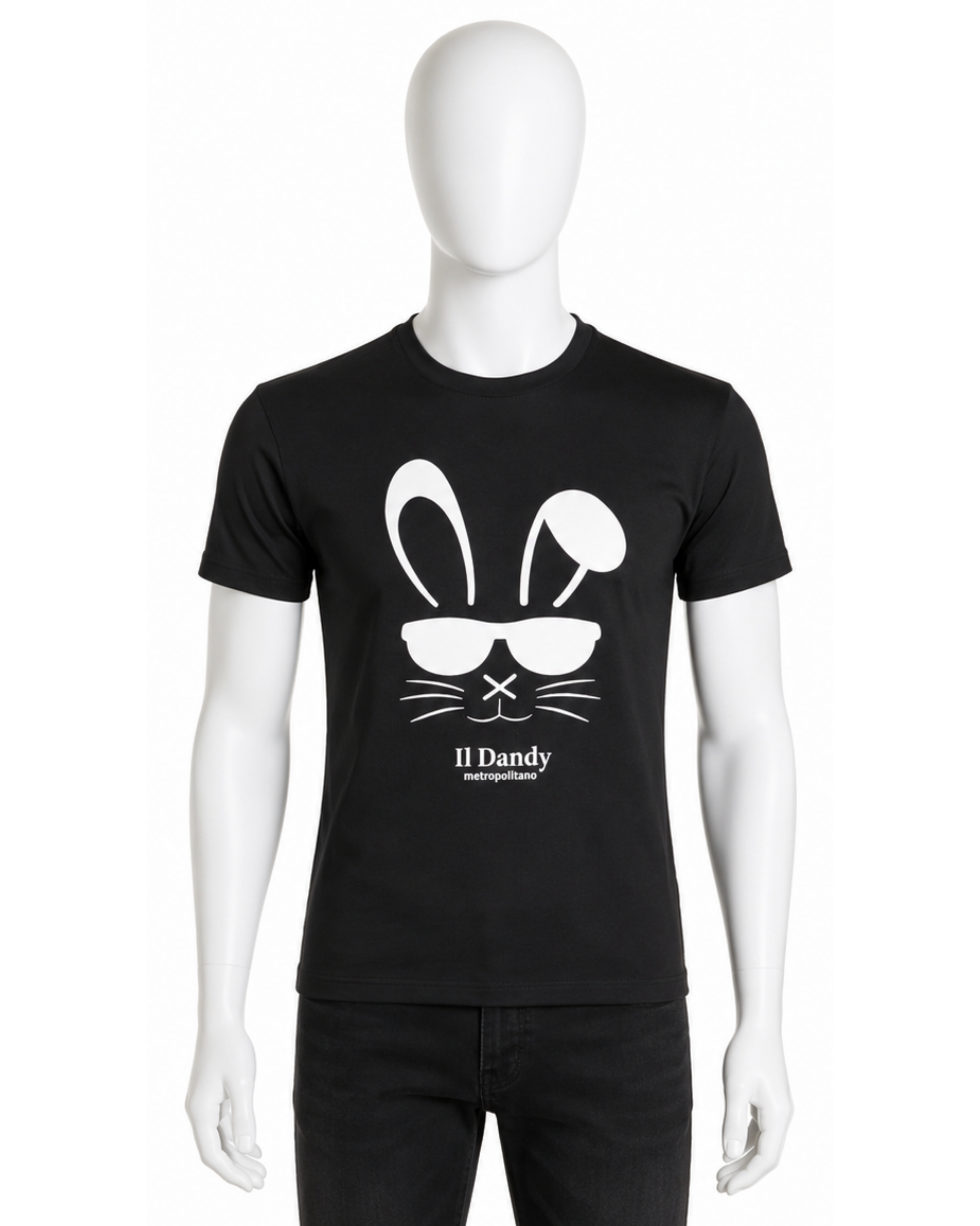 T-shirt Uomo Nera "Il Dandy Metropolitano" - Grafica Coniglio con Occhiali Bianca