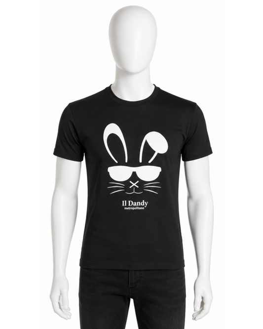 T-shirt Uomo Nera "Il Dandy Metropolitano" - Grafica Coniglio con Occhiali Bianca