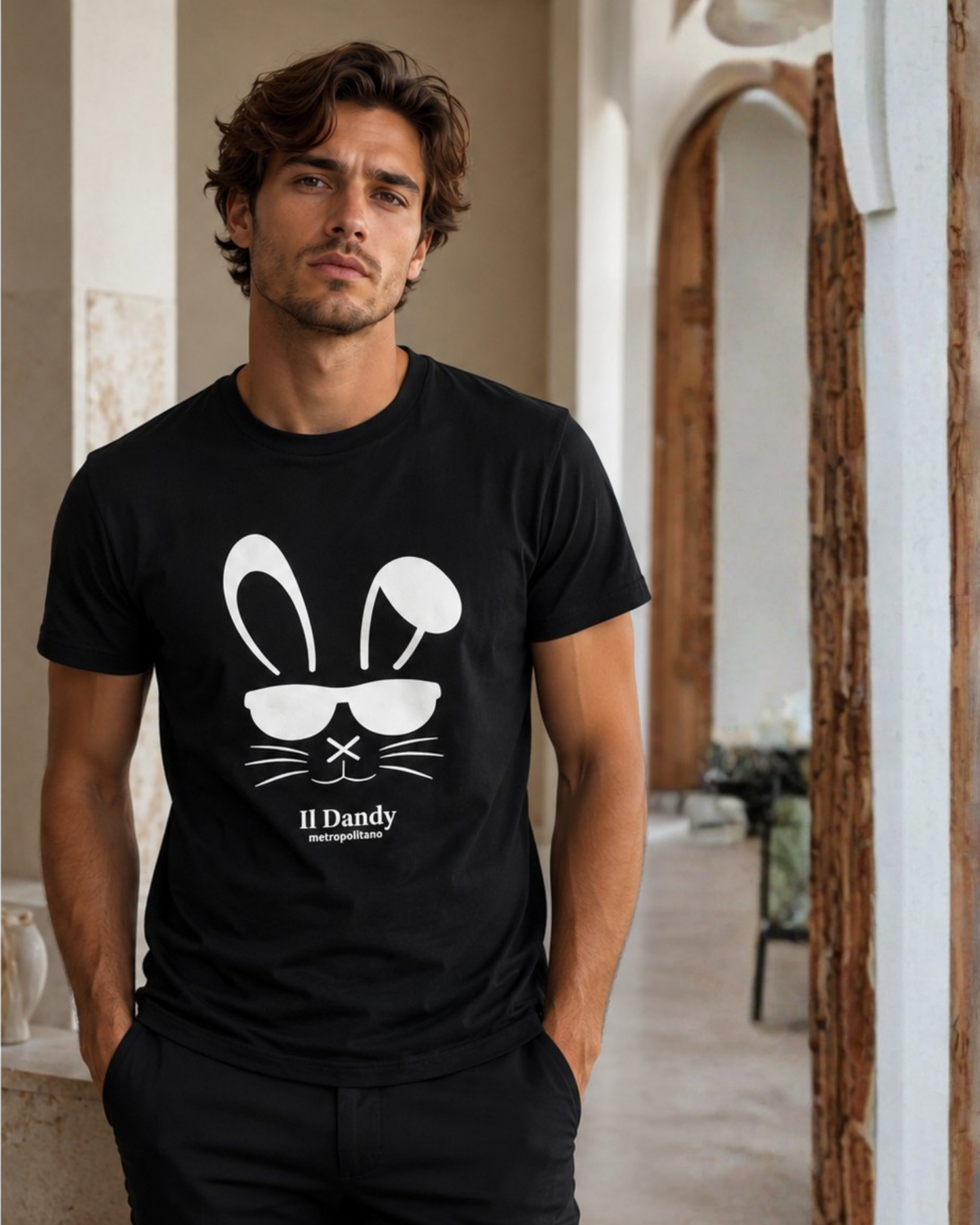T-shirt Uomo Nera "Il Dandy Metropolitano" - Grafica Coniglio con Occhiali Bianca