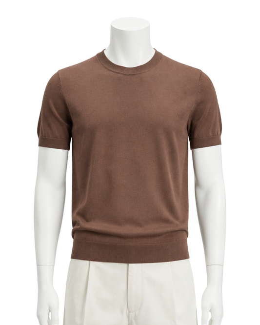 Maglia Uomo Maniche Corte in Filo Color Fango - Eleganza Minimalista