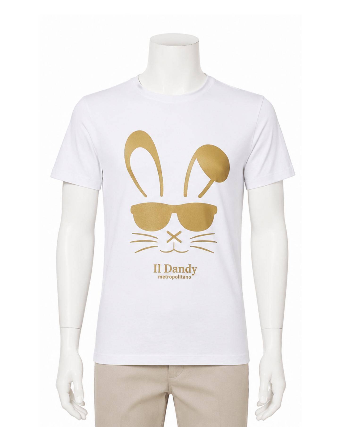 T-shirt Uomo Bianca "Il Dandy Metropolitano" - Grafica Coniglio con Occhiali Oro