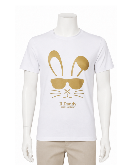 T-shirt Uomo Bianca "Il Dandy Metropolitano" - Grafica Coniglio con Occhiali Oro